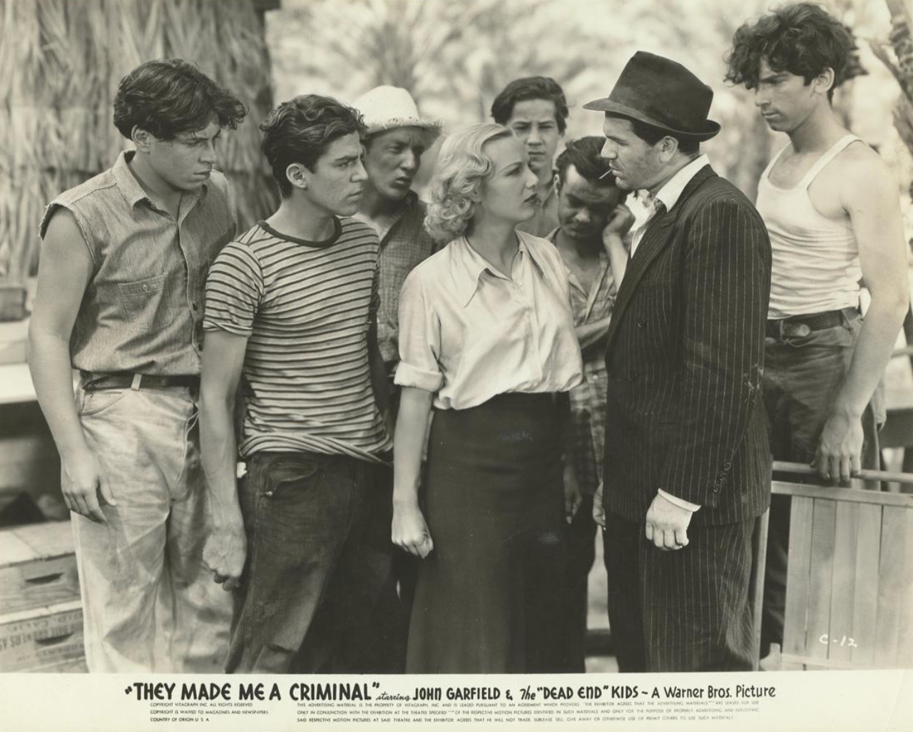 John Garfield, Gabriel Dell, Gloria Dickson, Leo Gorcey, Huntz Hall, Billy Halop, Bobby Jordan, Bernard Punsly, and The Dead End Kids in They Made Me a Criminal (1939)