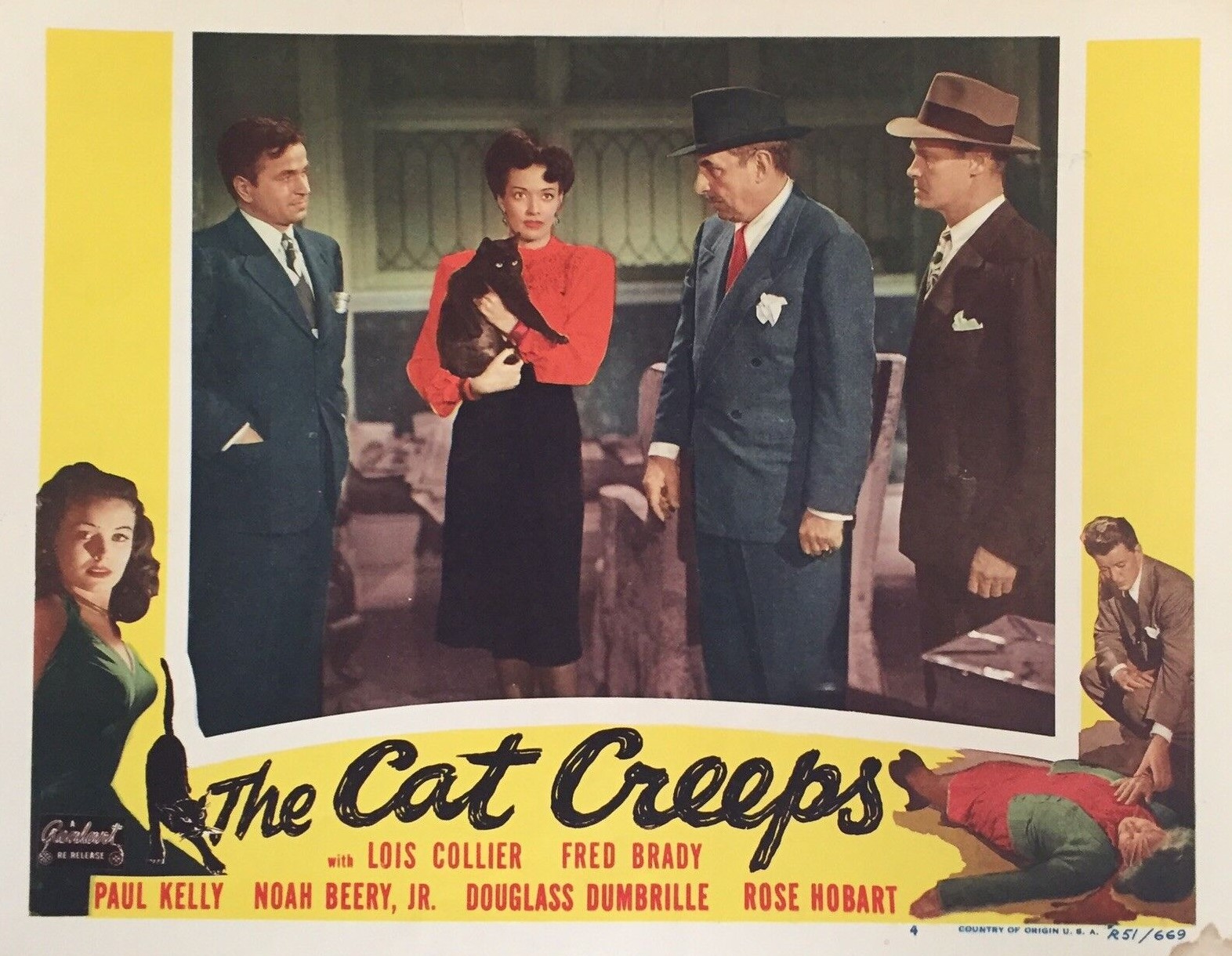 Noah Beery Jr., Frederick Brady, Iris Lancaster, Lois Collier, Douglass Dumbrille, Paul Kelly, Vera Lewis, and Smokey in The Cat Creeps (1946)