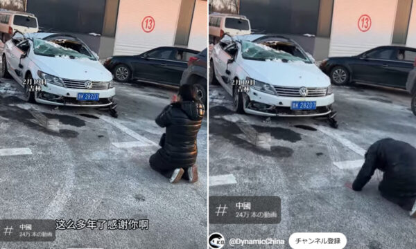 「家族を守ってくれてありがとう」大破した愛車に跪いて感謝する女性＝中国【動画あり】