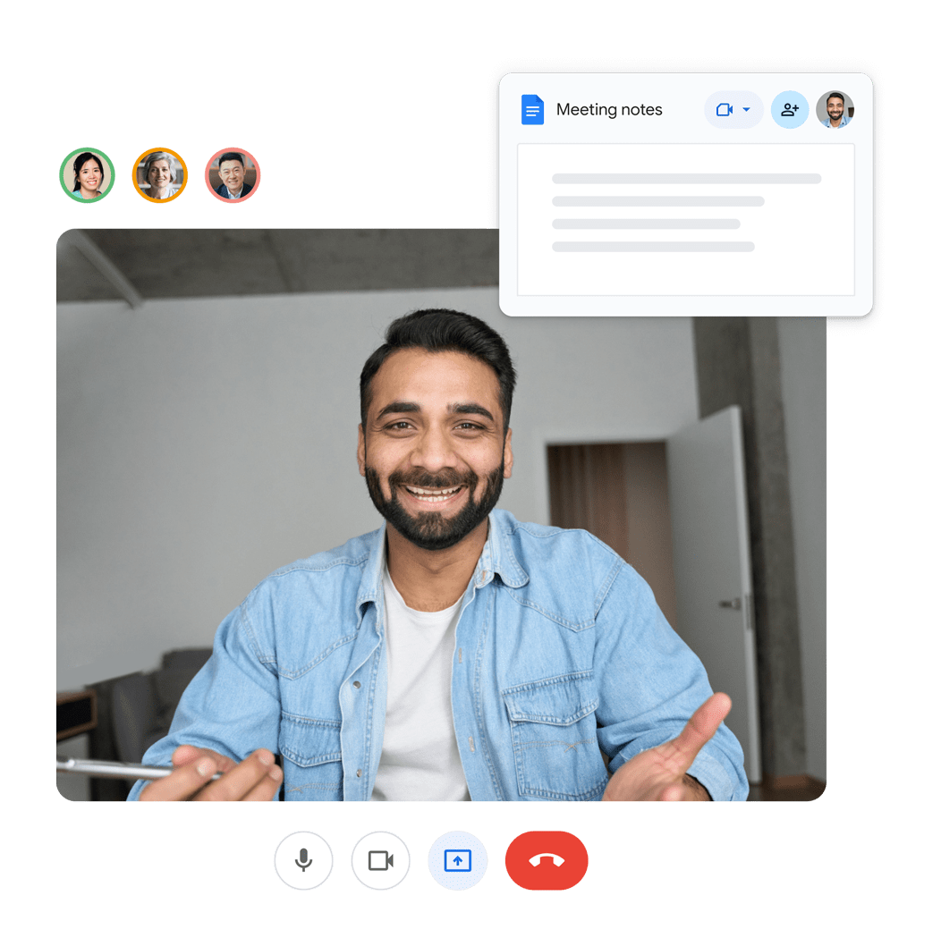Một người đang gọi điện cho ba người khác, cửa sổ bật lên có tiêu đề &quot;Meeting notes&quot;.