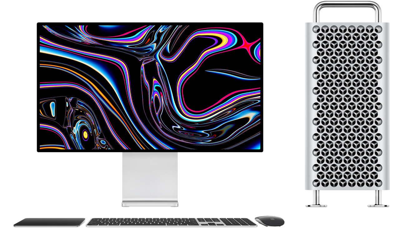 A Mac Pro toronyházas változata egy Pro Display XDR, egy fekete-ezüst Magic Trackpad, egy fekete-ezüst Touch ID‑s, számbillentyűzetes Magic Keyboard és egy fekete-ezüst Magic Mouse mellett