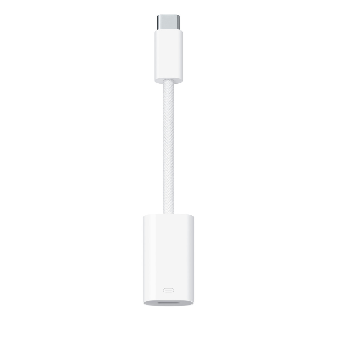 Adaptador de USB-C a Lightning, conector USB-C, cable trenzado, puerto Lightning.