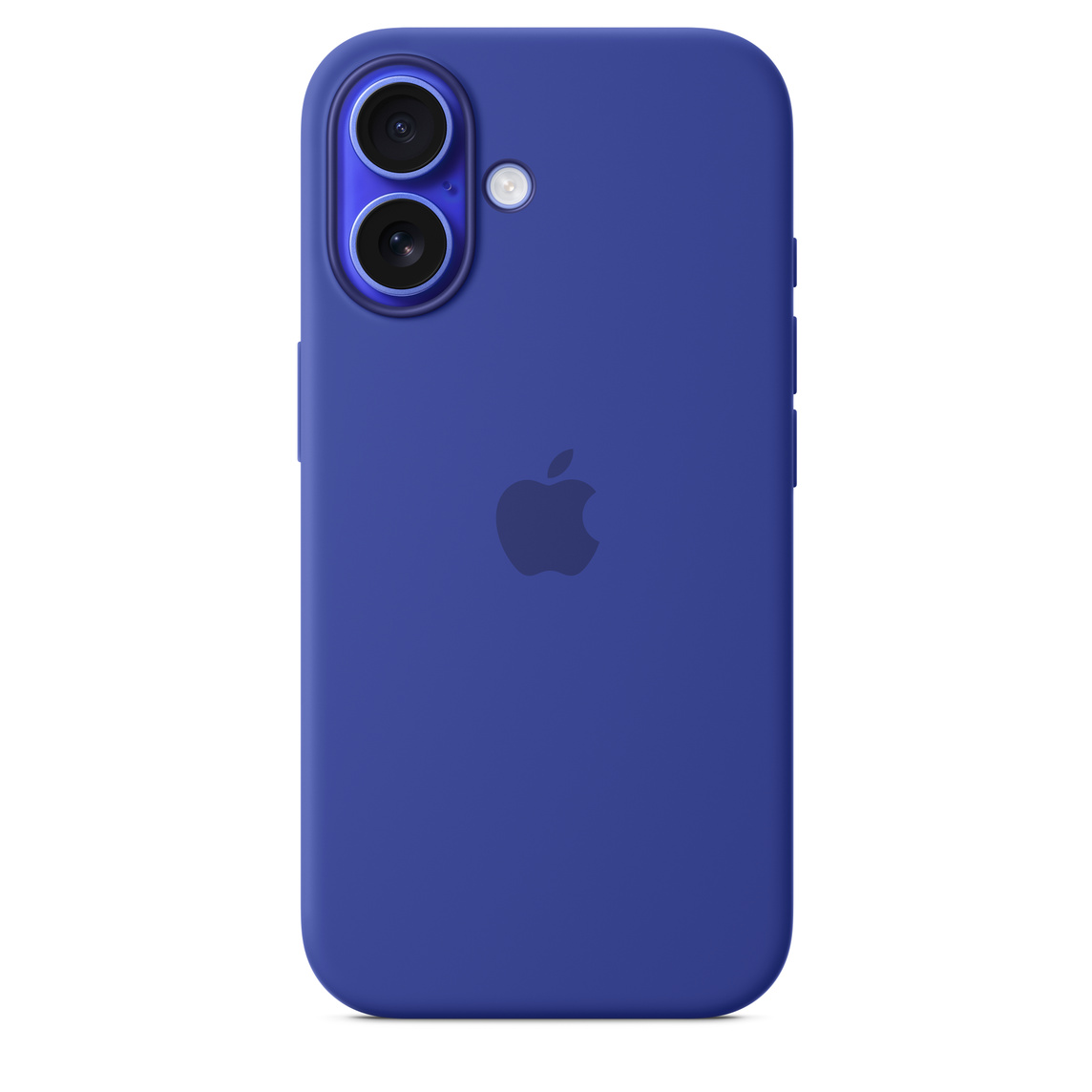 iPhone 16 Silicone Case with MagSafe in Ultramarine, embedded Apple logo in centre, attached to iPhone 16 Ultramarine finish, seen through camera cut‑out.