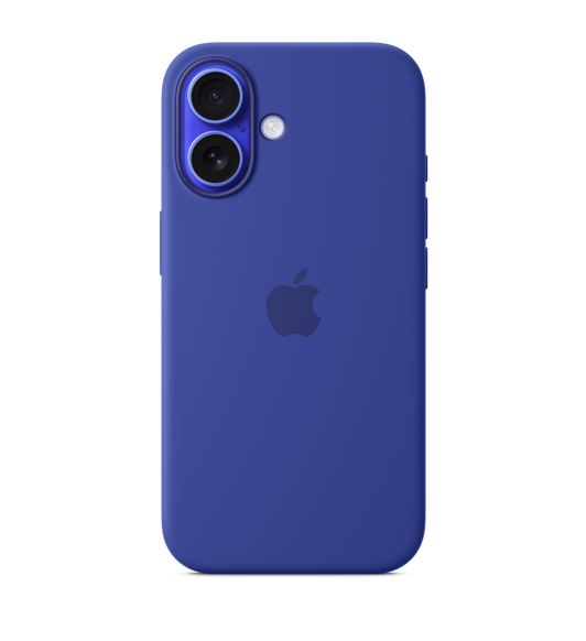 iPhone 16 Silicone Case with MagSafe in Ultramarine, embedded Apple logo in centre, attached to iPhone 16 Ultramarine finish, seen through camera cut‑out.