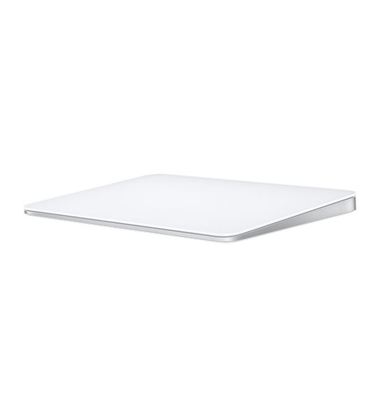 Magic Trackpad, white multi-touch surface, wedge shape, silver aluminum body